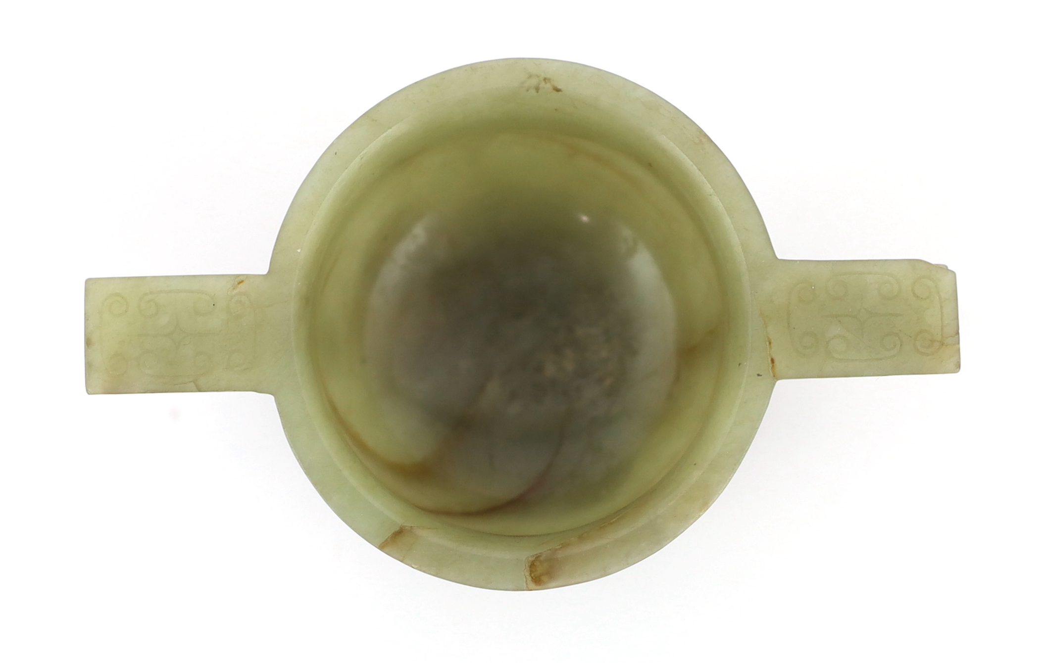 A Chinese celadon jade two handled cup, 17th century